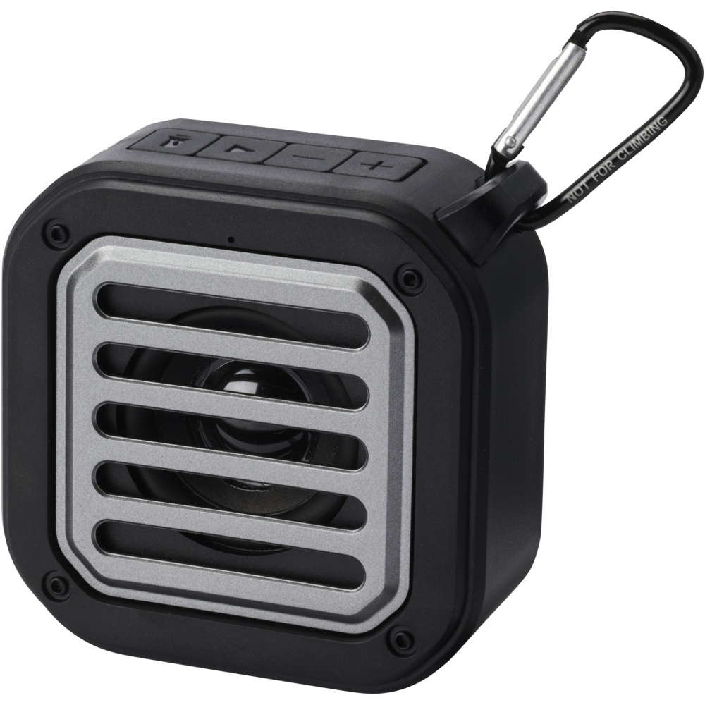 Logotrade promotional merchandise photo of: Solo 3W IPX5 RCS recycled plastic solar Bluetooth® speaker with carabiner 